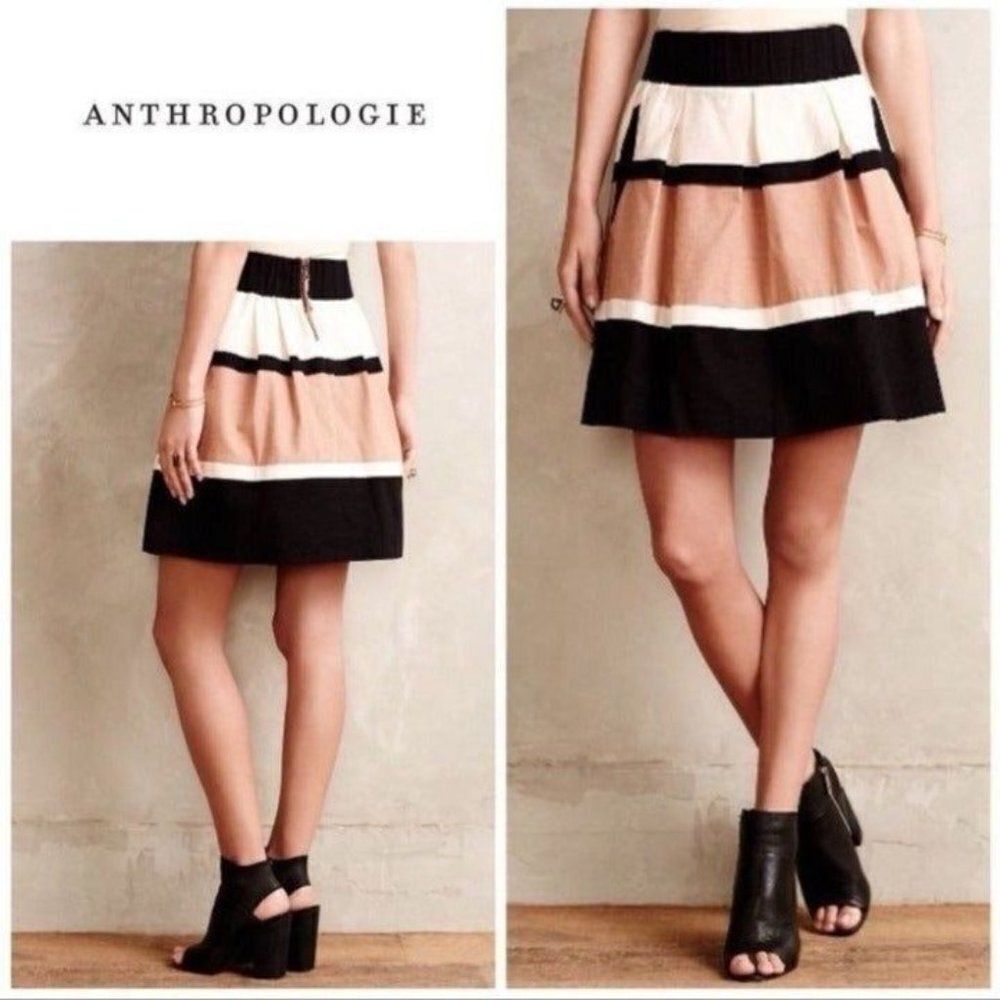 Anthropologie Striped A-line Mini Skirt Tan Black White - Picture 2 of 9